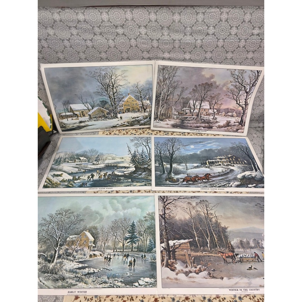 6 Vintage Christmas Placemats Candle‎ Holly Holiday Vinyl Table Currier & Ives
